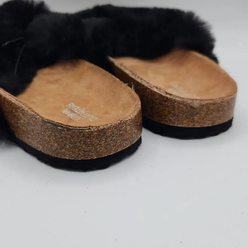 Brand New Urban Outfitters Women's Size 9 Black Faux Fur Slip On Slides Sandals